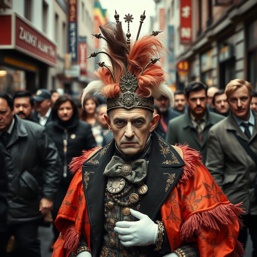 Elaborate Attire in Crowded Street: Candid Photography