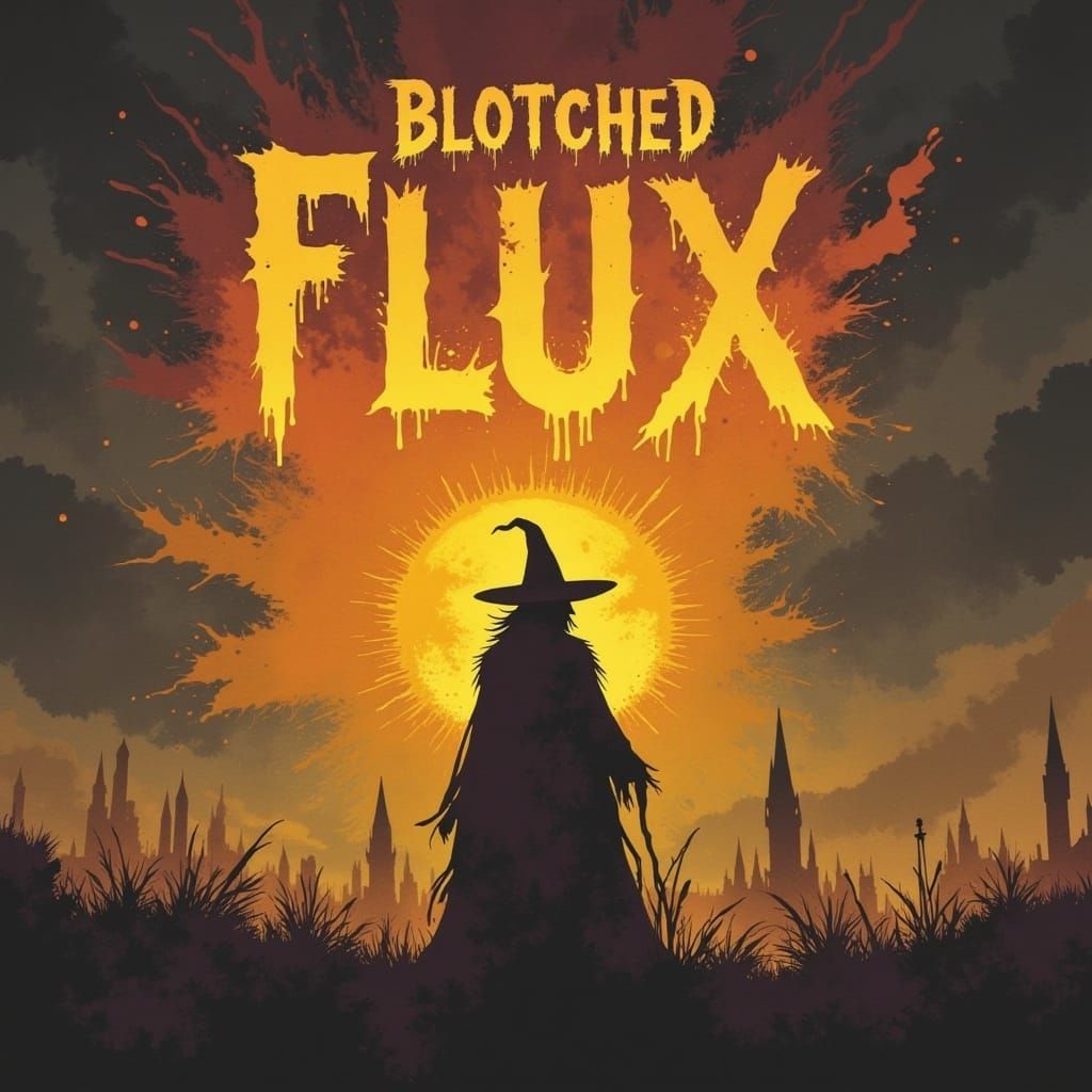 Wizard Silhouette at Sunset in Colored-Ink Style