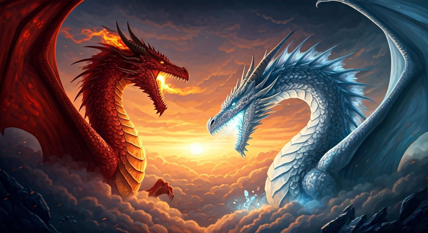 Fire and Ice Dragons Clash at Sunset