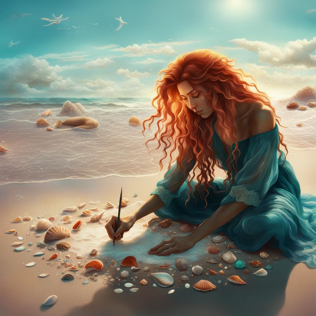 Woman Writes on Beach in Fantasy Illustration