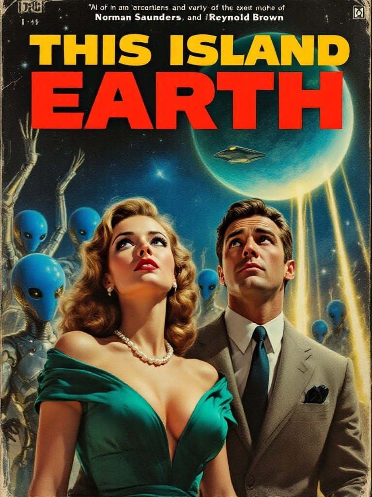 Couple Gazing Up at Retro Sci-Fi Landscape with Alien Menace