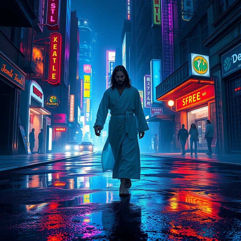 Jesus Walks Through the Neon City in a Modern, Edgy Style