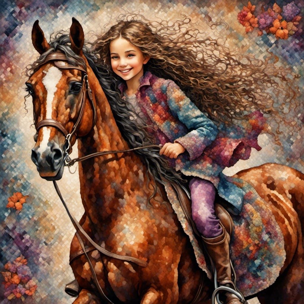 Smiling Girl on Horseback in Tapestry Style