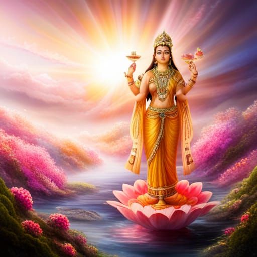 Goddess Lakshmi Statue Surrounded by Gold and Gems