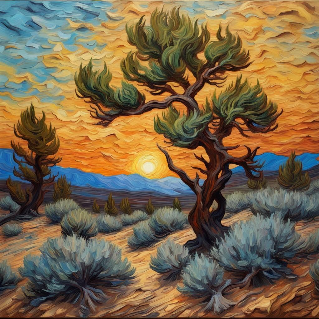 Juniper Forest, Sagebrush, High Desert Chaparral, Sunset, 3d impasto oil painting, 8k, by Vincent Van Gogh