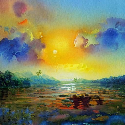 Impressionist Sunrise Landscape in Gouache Style