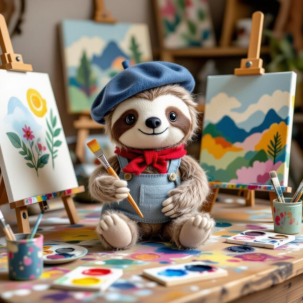 Felt Sloth Artist in Whimsical Folk Art Style
