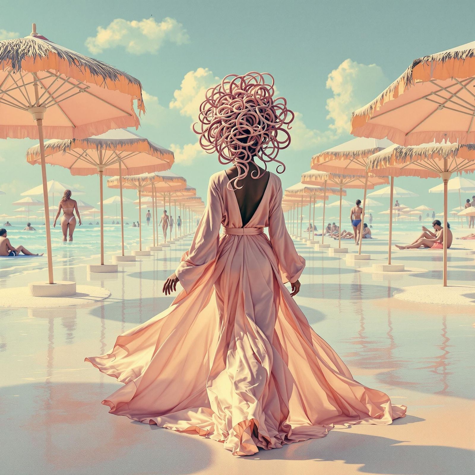 Pastel Beach Scene in Botticelli and Wes Anderson Style