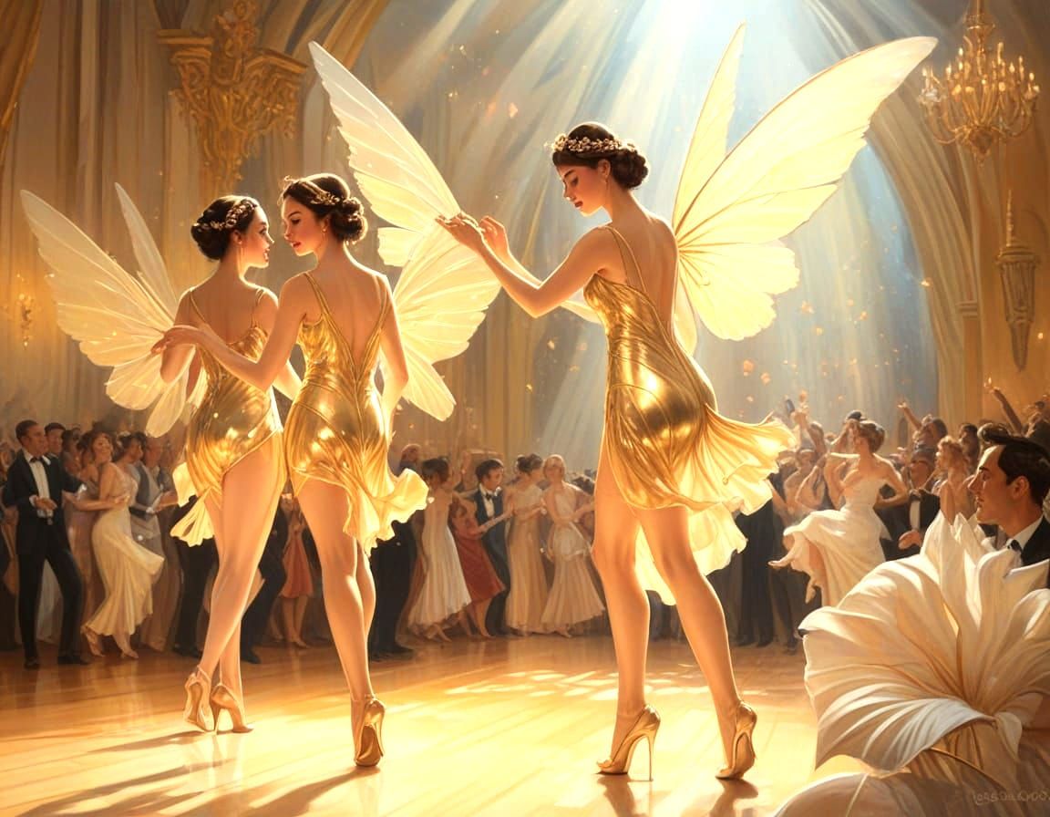 Art Deco Fairies Dancing in Concert, Hyperrealistic Style