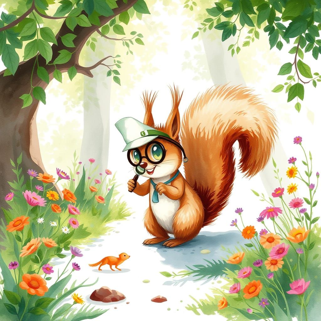 Squirrel Explorer in Vibrant Watercolor