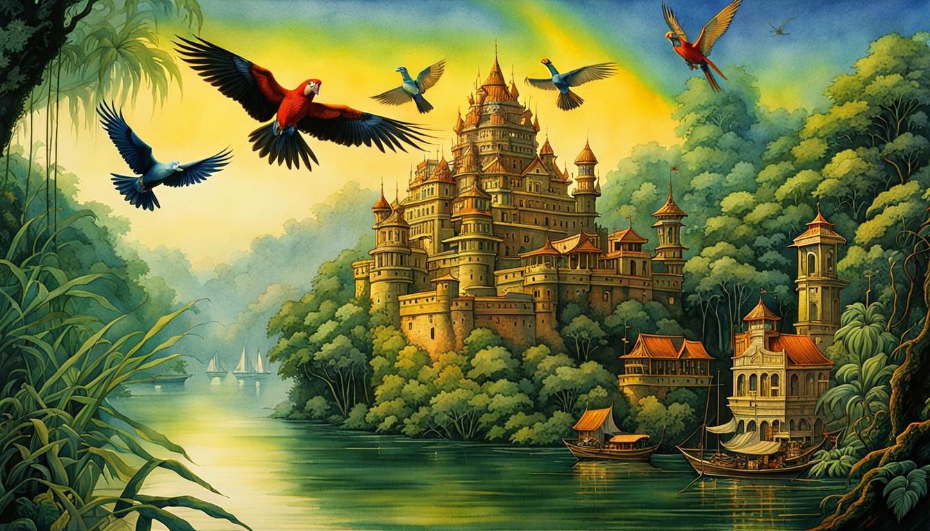 Jungle Kingdom: Parrots in Flight, Watercolor and Ink