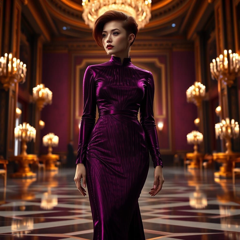 Auburn-Haired Woman in Crystal Gown in Ballroom