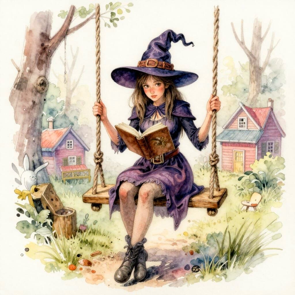 Young Witch Reading on Swing in Whimsical Watercolour Style