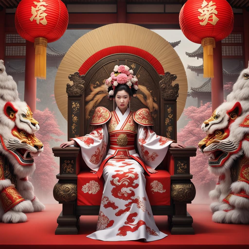 Japanese woman sitting on a throne.