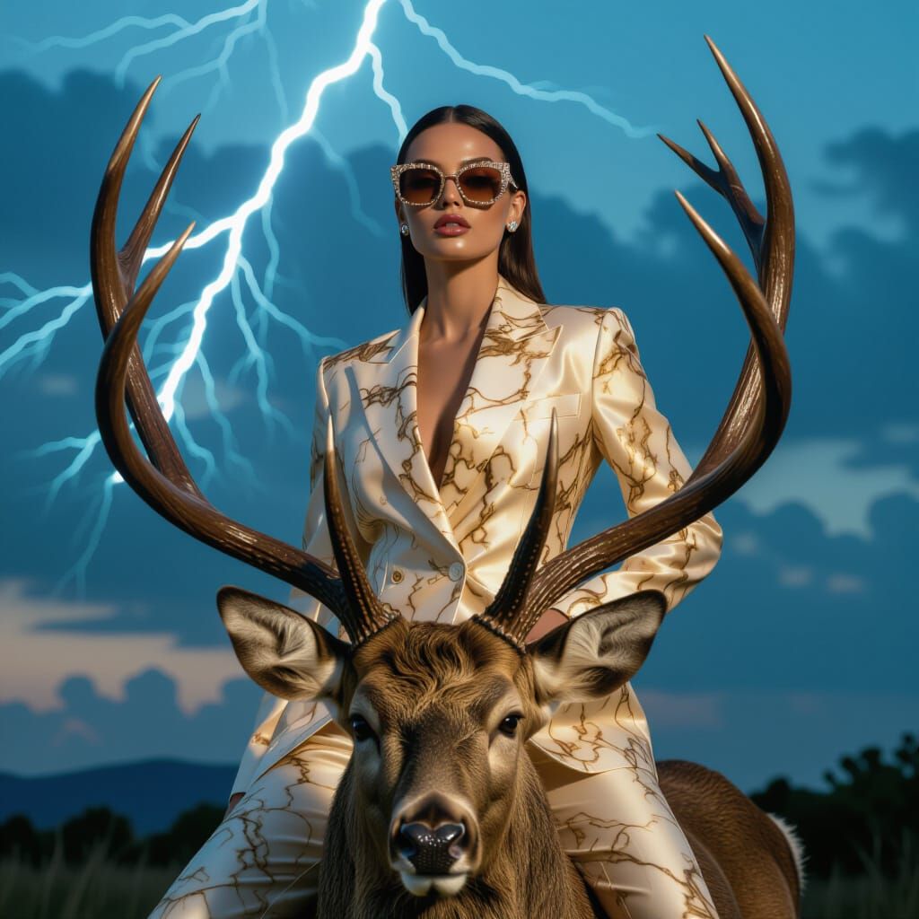 Elegant Woman in Marble Suit Rides Lightning Deer in Vogue S...