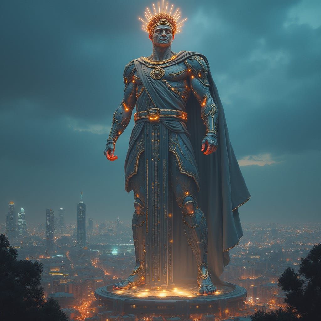 Skyscraper Roman God in Futuristic Style