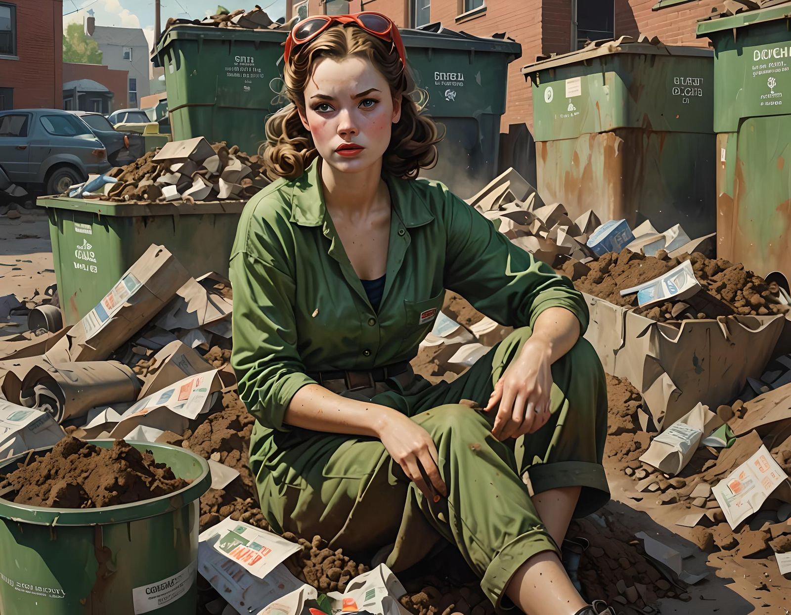 Hyperrealistic Woman in Garbage, Photorealistic Digital Art