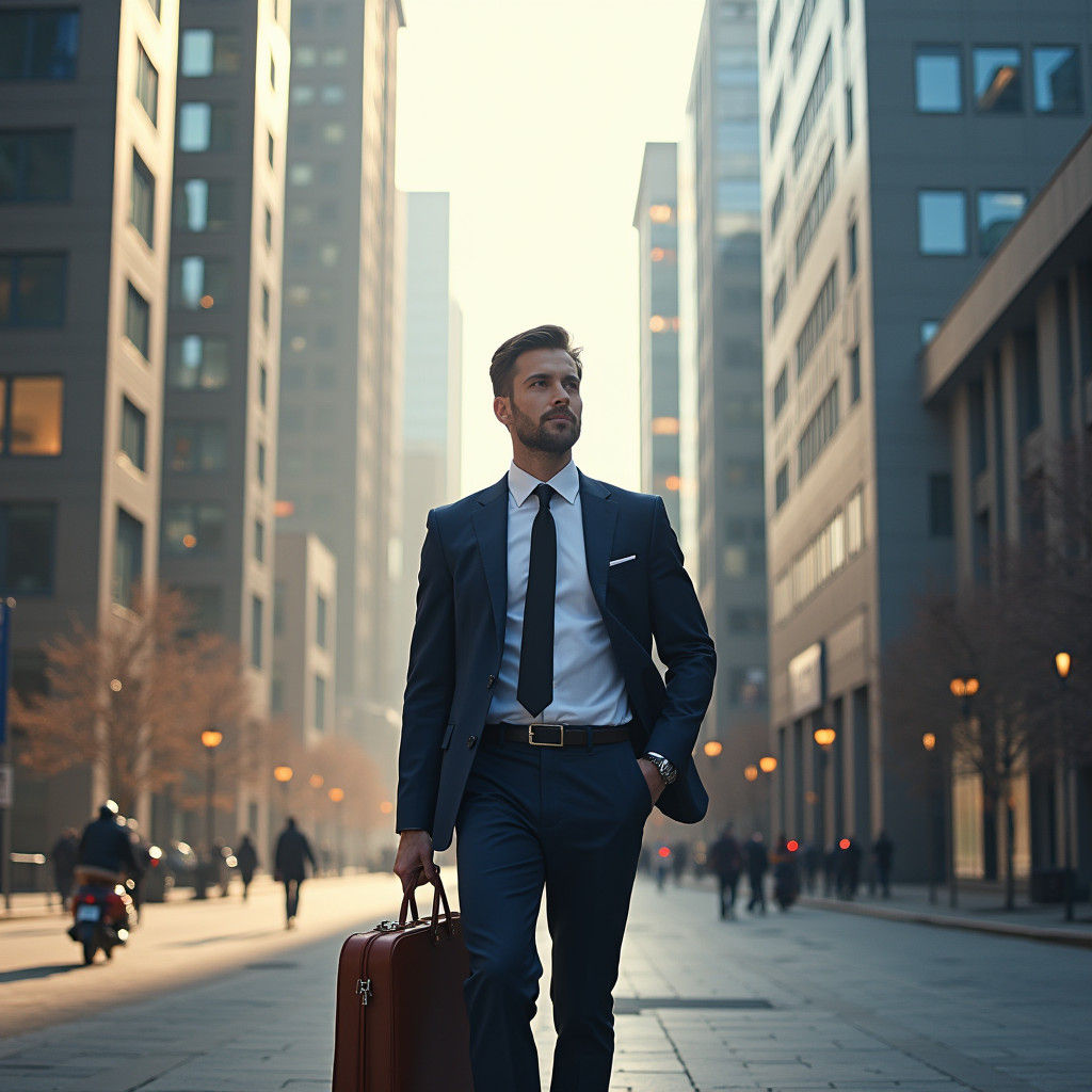 Confident Businessman Strides Through Sunny Cityscape
