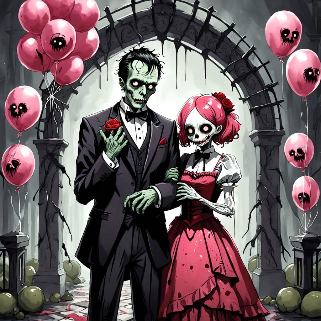 Zombie Couple Prom Portrait in Ghoulish Digital Art Style
