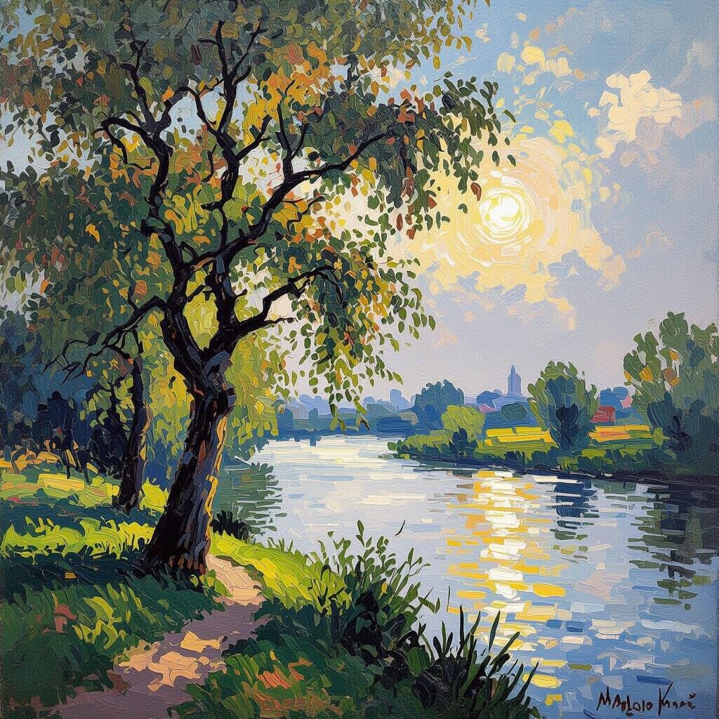 Monet Style Tree by River with Rembrandt Lighting