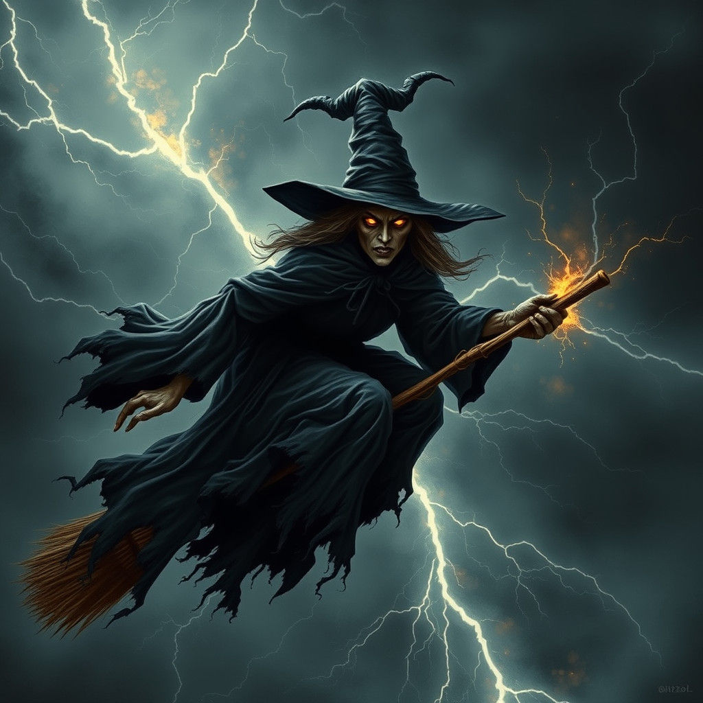 Eerie Witch in Gothic Lightning Storm