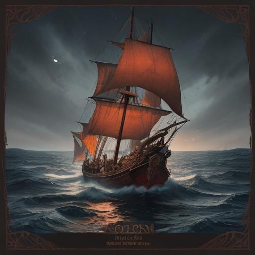 Viking Longship Sails Silently Under Moonlight, Vivid Colors