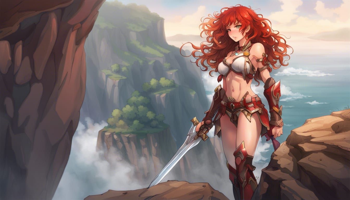 Redhead Warrior in Anime Style on Fantasy Cliff
