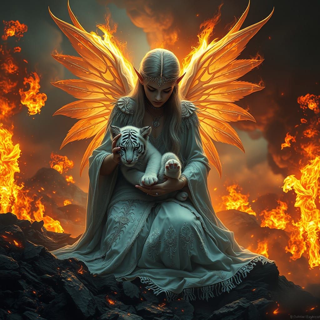 Sorrowful Elf Maiden Unleashes Dark Magic Amidst Burning Rui...