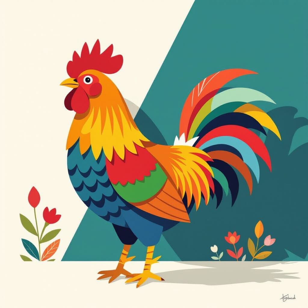 Colorful Felt Rooster with Geometric Design