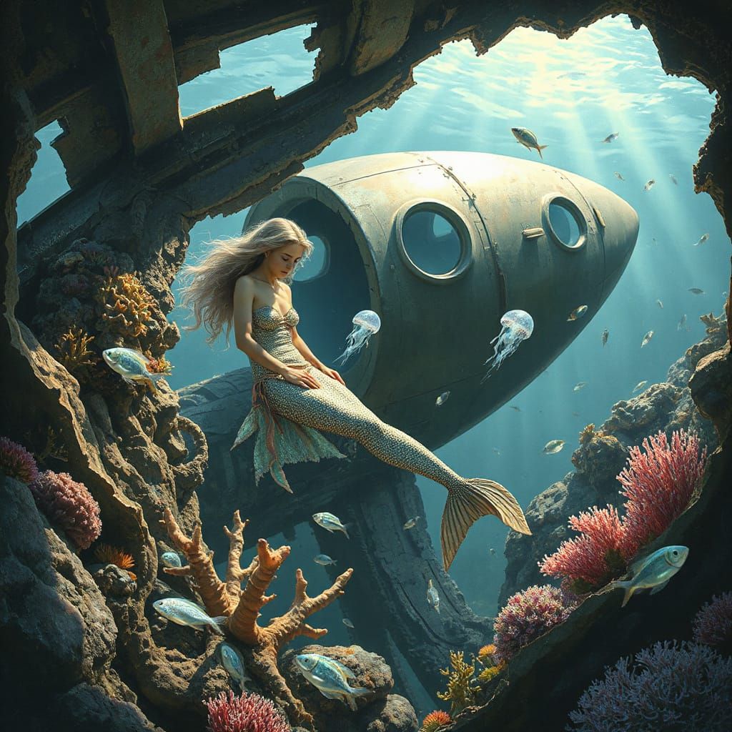 a mermaid discovers a crashed rocket ship at the bottom of the ocean, exploring the wreckage amidst vibrant coral reefs ...