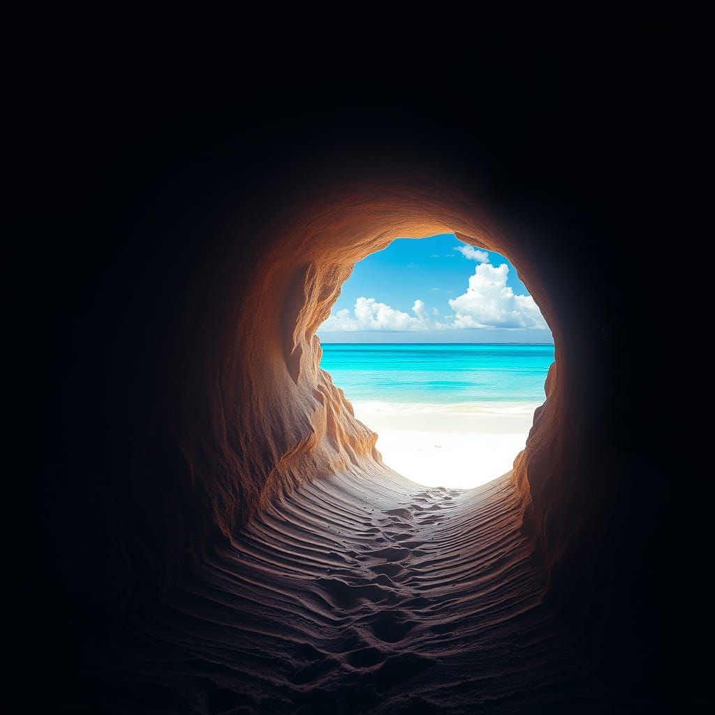 Surreal Oceanic Paradise Erupts from Dark Tunnel