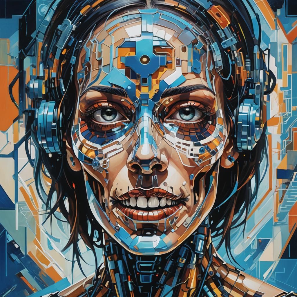 Cyborg Woman with Transparent Skull in Cubist Style