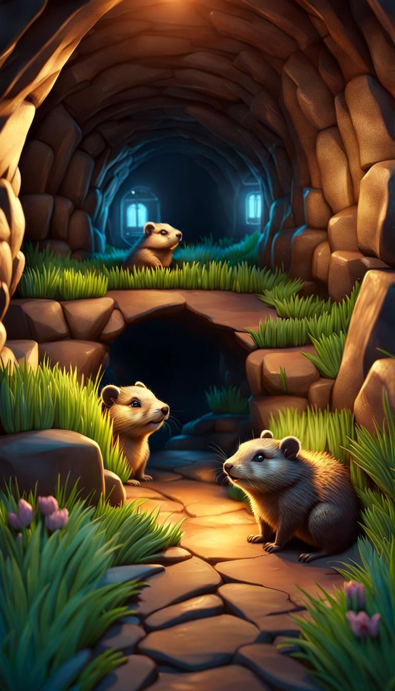 Chibi Groundhogs Hideout Burrow: Detailed Digital Painting