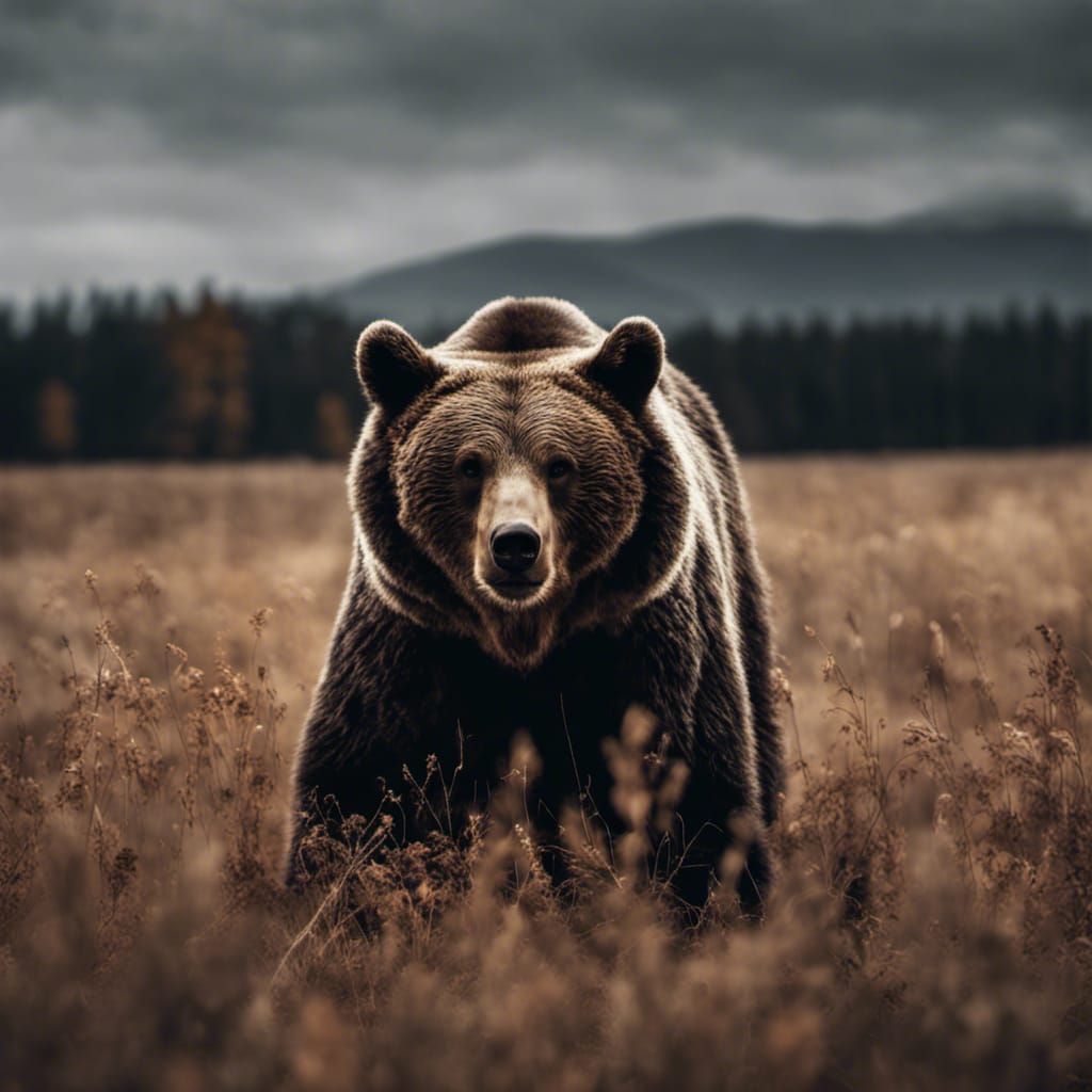 Hyperrealistic Bear Hit by Rock in Autumn Field