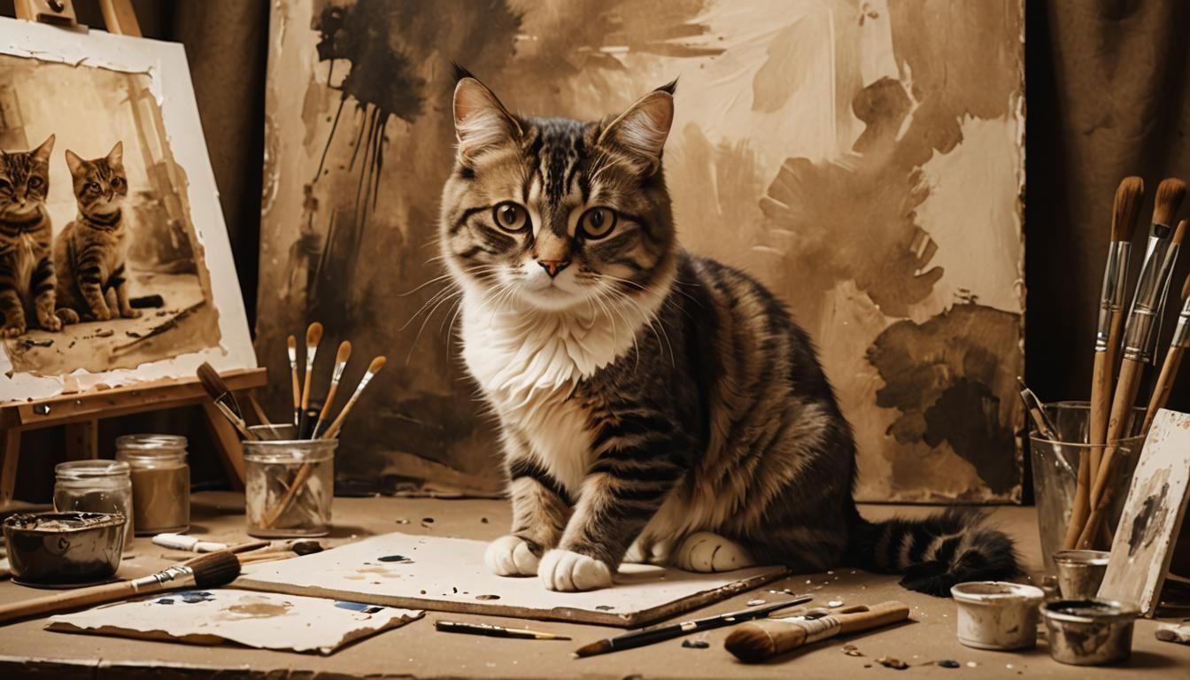 Sepia Cat Portrait in Art Studio Painting