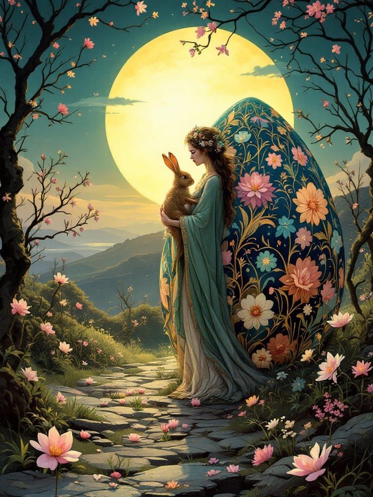 Spring Goddess Ēostre Embracing Easter Hare Amidst Blooming ...