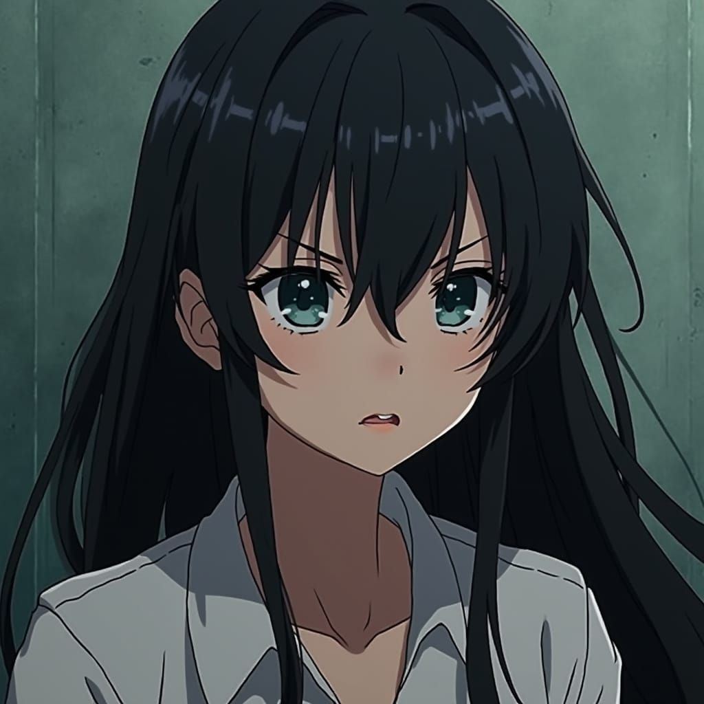 Woman With Annoyed Sea-Blue Eyes Shakes Black Hair