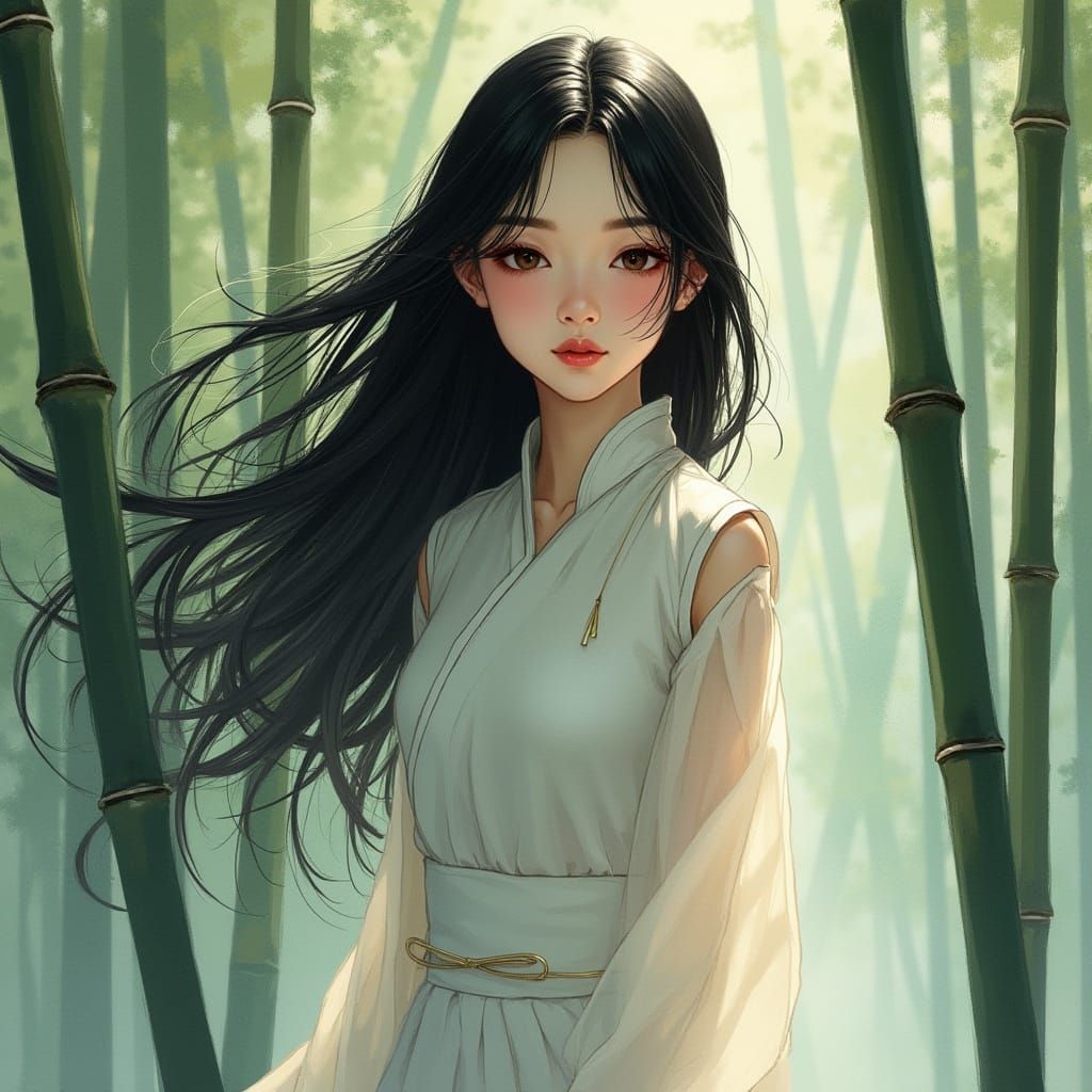 Futuristic Woman in Bamboo Forest, Watercolor Style