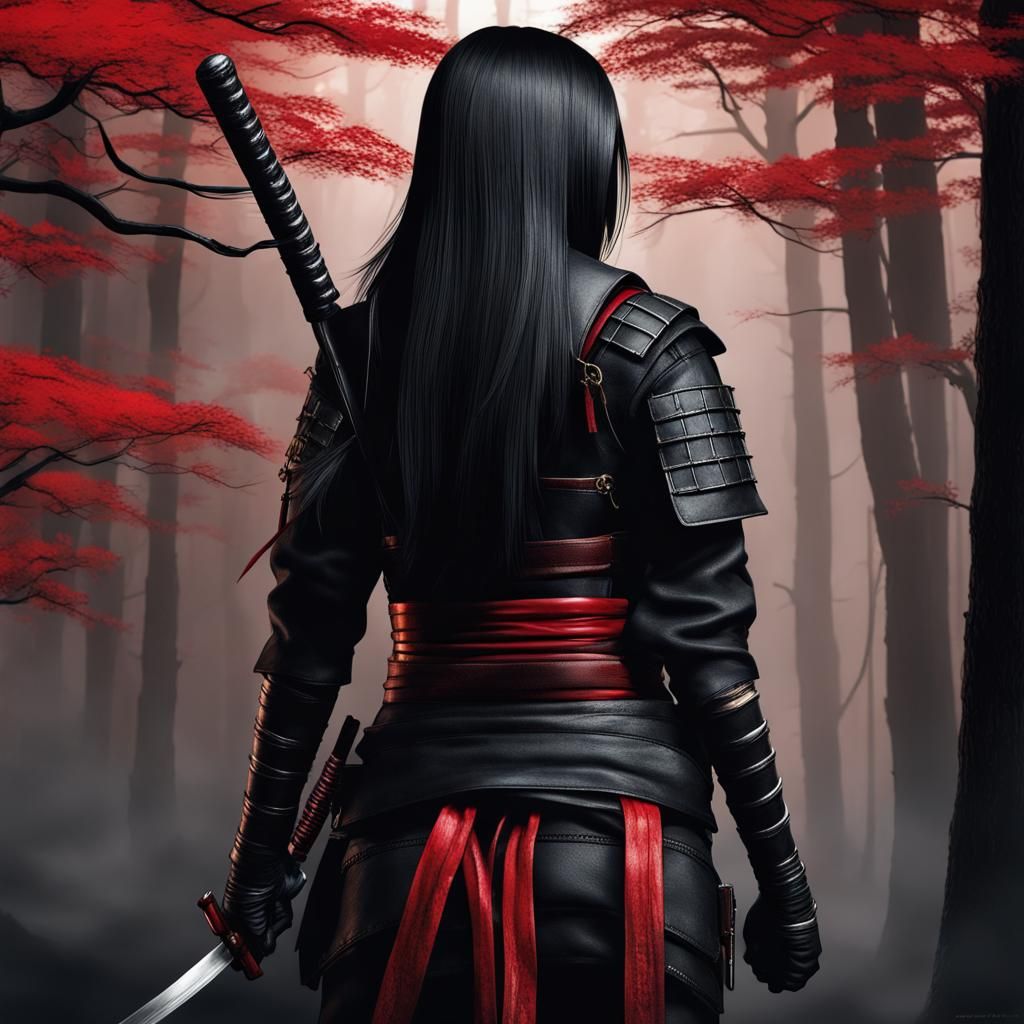 Female Shinobi with Katana in Hyperrealistic Style