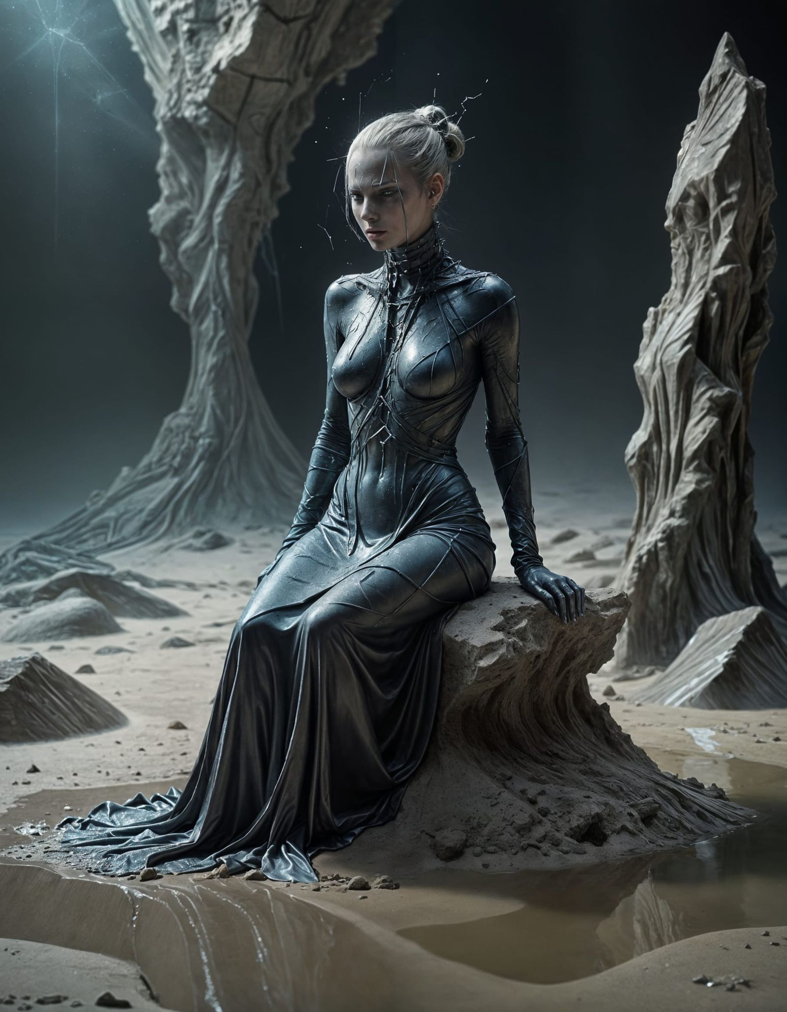 Surreal Figure With Metallic Skin and Spiky Hair on Hourglas...