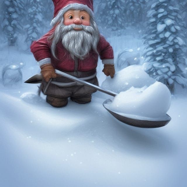 Detailed Pencil Sketch of Gnome Shoveling Snow