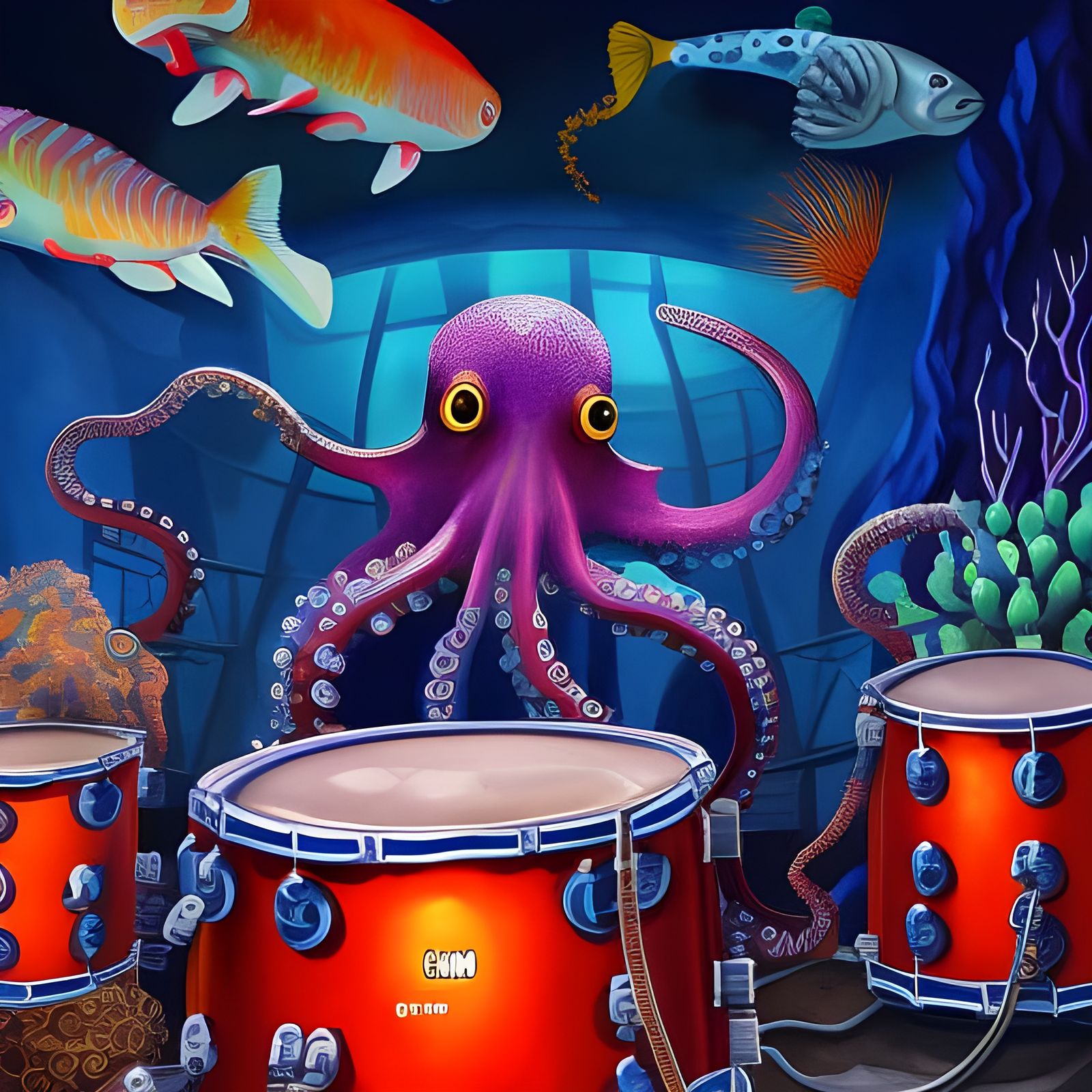 Cyberpunk Octopus Drummer in Psychedelic Ocean