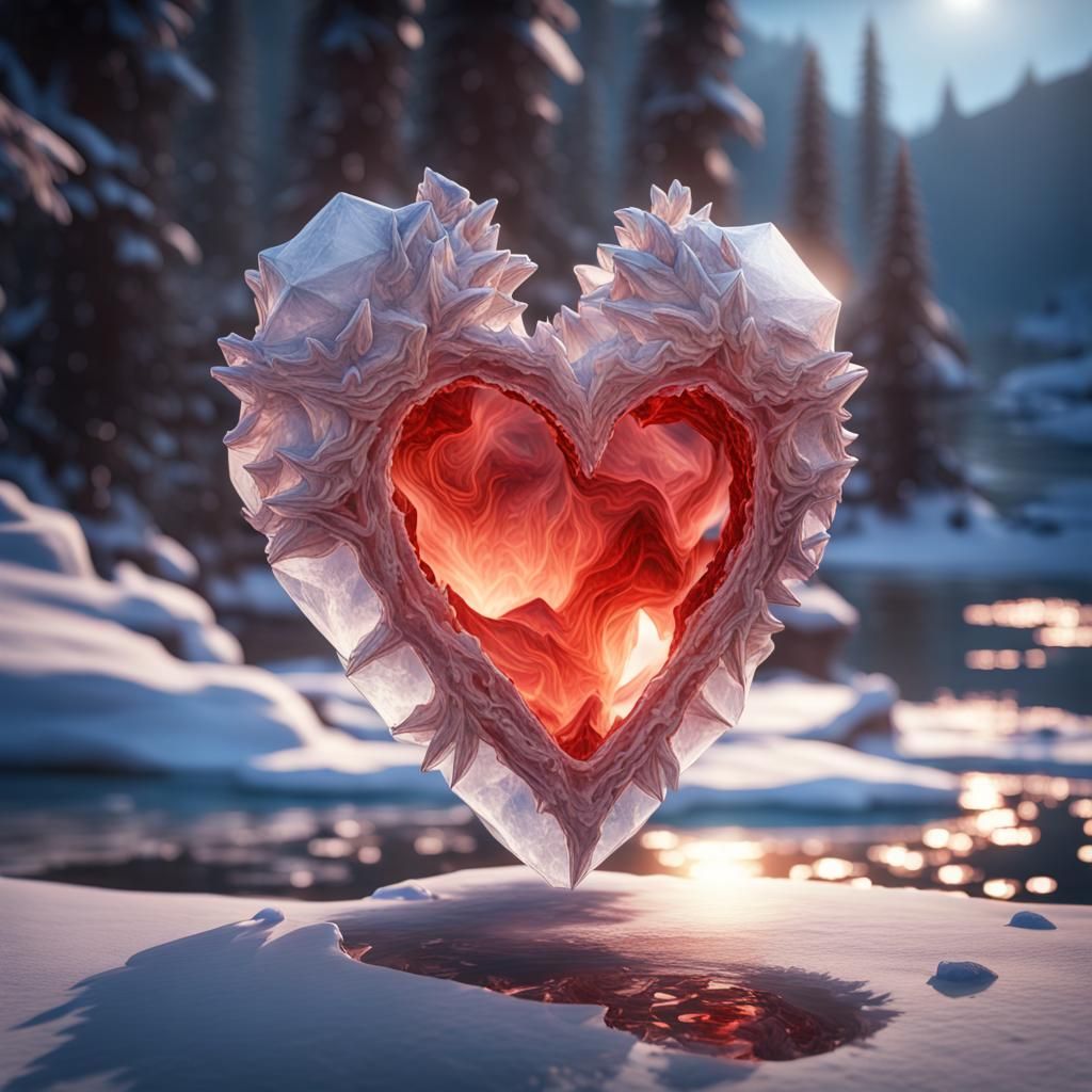 Ice Heart in Fire Lake with Ice Roses