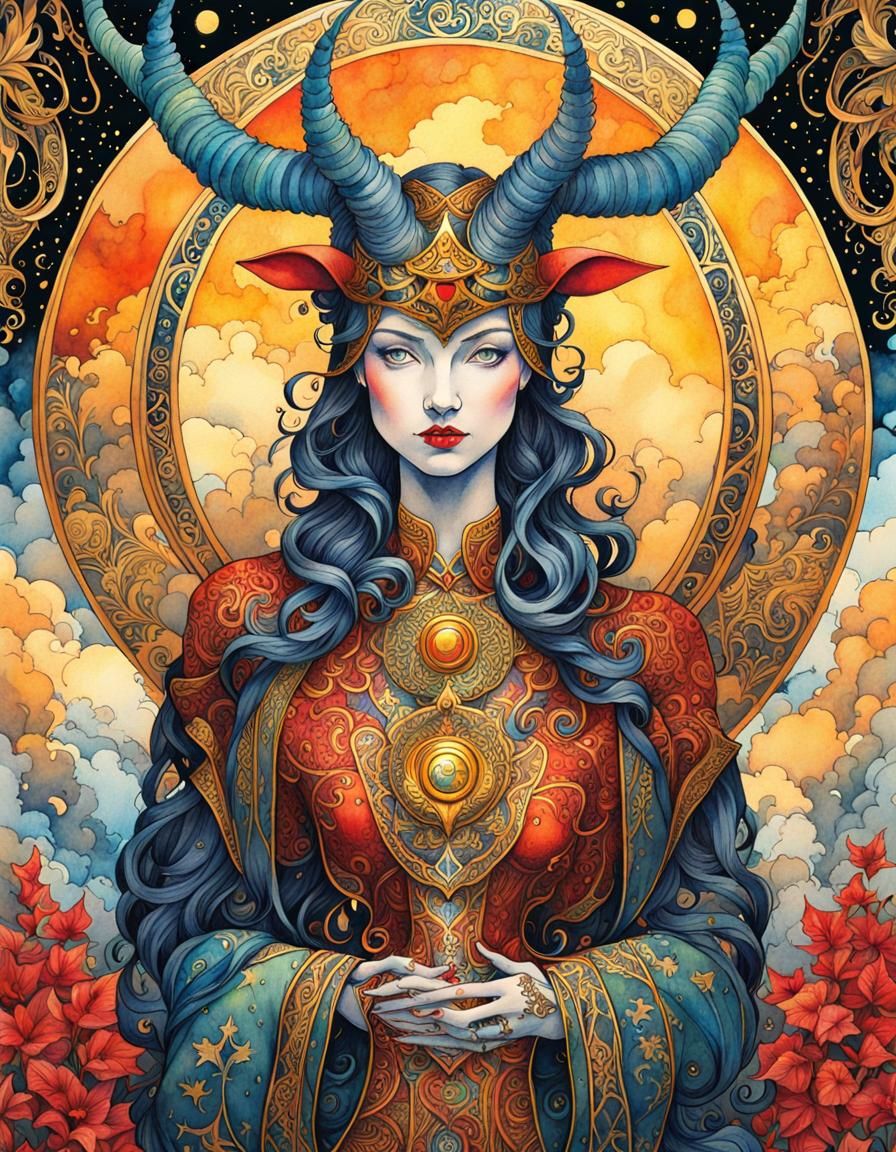 Surreal Watercolor Devil Tarot Card with Zentangle