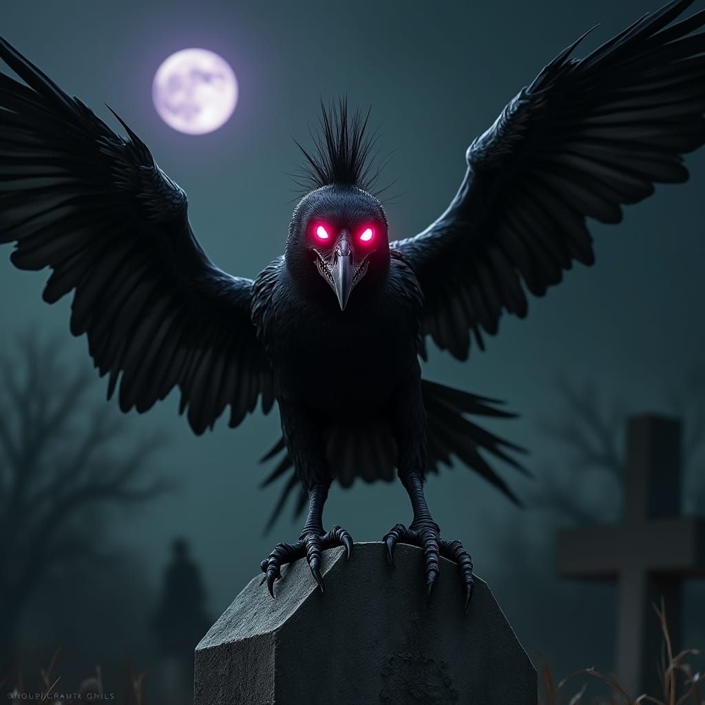 Grim Reaper Raven Spreads Wings in Graveyard