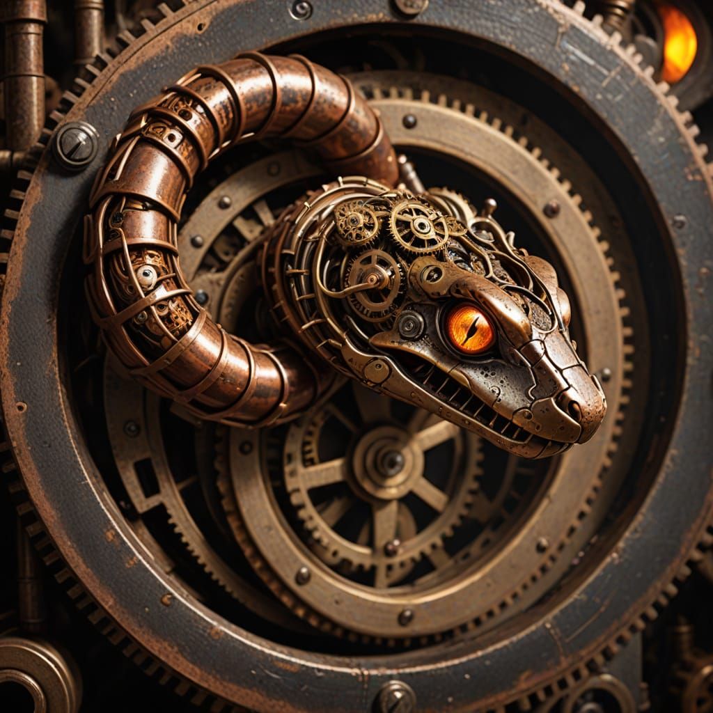 Steampunk Snake with Glowing Eyes in Industrial Decay