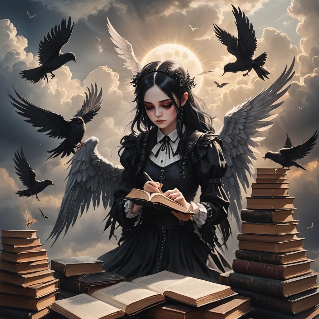 Winged Goth Girl Writing in Divine Sunshine