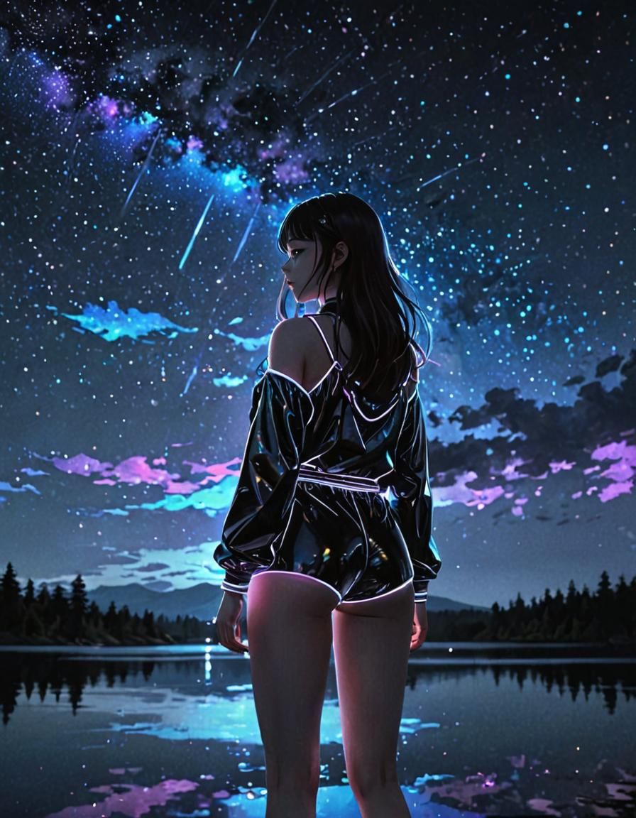 Holographic Rainbow Lake Under Galaxy Night Sky