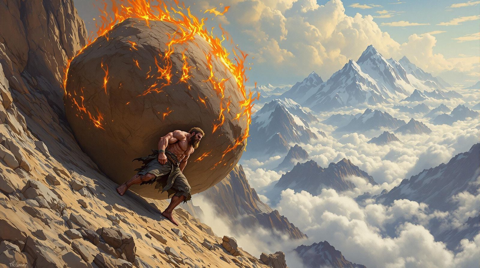 Sisyphus Defies Fate in Vibrant Oil Painting