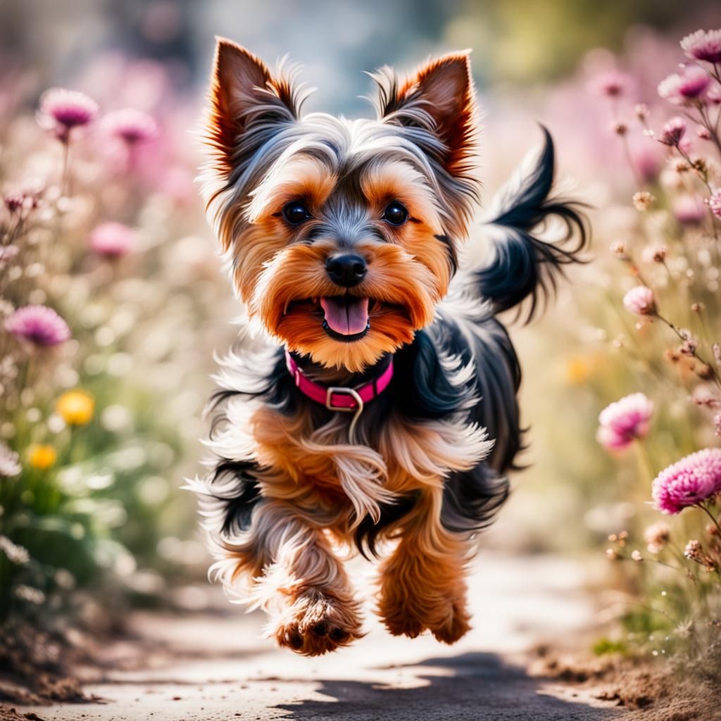 Yorkshire Terrier Running in Floral Watercolor Landscape